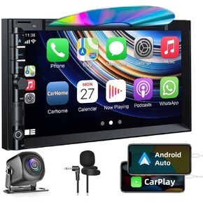 Double Din Car Stereo with CD DVD, Backup Camera Supports CarPlay/Android Auto, 7 inch Touchscreen Car Radio Bluetooth 5.2, AM/FM Radio Receiver Head Unit with Mirror Link, SWC, Subwoofer, USB/TF/AUX in Kuwait