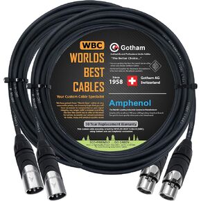 2 Units - 20 Foot - Gotham GAC-4/1 (Black) - Star Quad, Dual Shielded Balanced Male to Female Microphone Cables with Amphenol AX3M & AX3F Silver XLR Connectors - Custom Made by WORLDS BEST CABLES