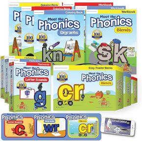 Meet the Phonics BIG SET! – Bundle with Letter Sounds, Digraphs & Blends: 3 Sets of Easy Reader Books, 3 Workbooks, 3 Coloring Books, 3 Sets of Flashcards + Video Downloads!