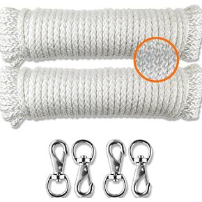 Wellmax Diamond Braided Nylon Rope with Uv Treatment and Weather Resistant, 2 Pack 1/4 Inch X 50ft White with 4 Bonus Quick Links