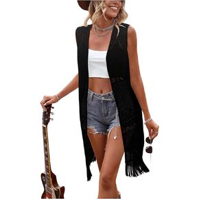 MakeMeChic Women's Fringe Hollow Out Jacket Open Front Sleeveless Vest Coat Long Vintage Cardigan