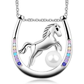 Horse Necklaces for Girls,925 Sterling Silver Good Lucky Cowgirls Horseshoe Horse Pearl Necklace Jewelry Birthday Christmas Gifts for Mother Women Teen Girls