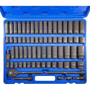 70pcs 1/2" Drive Impact Socket Set, Cr-V Steel, SAE & Metric, Standard/Deep Sockets with 72 Teeth Ratchet Handle, Extension Bar, and Adapters