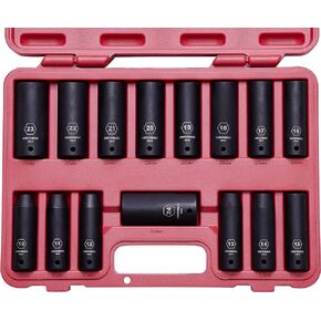14 Piece MECHMAX Impact Socket Set 1/2 Inch Drive Deep SAE Sizes, 3/8-1-1/4 Inch 6 Point Chrome Vanadium Steel Black Phosphate Finish with Tool Box Storage Case