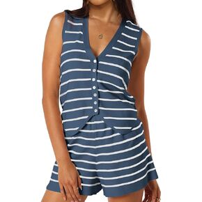 SuperPrity 2 Piece Outfits for Women Summer Casual Knit Matching Lounge Set Sleeveless Button Vest Top and Shorts Pajama Set