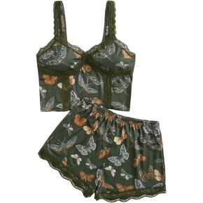 WDIRARA Women's Two Piece Butterfly Print Lace Trim Cami Shirts and Elastic Waist Shorts Pajama Set