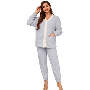 Womens Warm Pajama Sets Soft Button Down Pj Sets for Women Cute Plush loungewear Long Sleeve Sleepwear 2 Piece