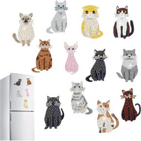Hudestail 12 pcs Cat Diamond Painting Refrigerator Magnets, DIY Crafts Diamond Art for Beginners, Diamond Magnets Fridge, Classroom Photo Displays Home Classroom Creative Decorations Mosaic Gifts
