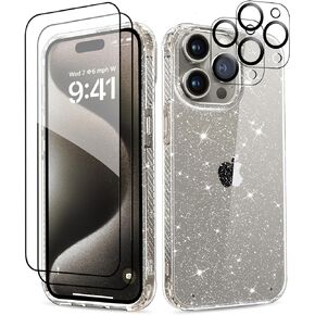 MIODIK Case Compatible with iPhone 15 Pro Max Clear Glitter, 2Pcs Screen Protector + 2Pcs Camera Protector, Women Cute [Military-Grade Protective] [Anti-Yellowing] Slim Cover 6.7" 2023 (Sparkle Black)