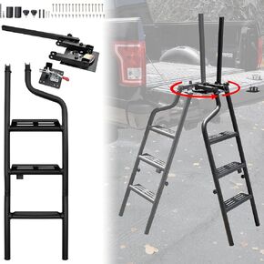KEWISAUTO 42" Foldable Pickup Truck Tailgate Ladder with Grab Handle, 360° Rotatable Heavy Duty Folding Tailgate Step Ladder with Handrail for Ford F150, Dodge RAM 1500 etc. Pickup Truck Accessories