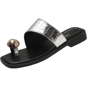 Women's Leather Low Heel Toe Ring Slides Sandals Fashion Summer Square Open Toe Jeweled Clip Toe Ring Comfy Wide Width Flat Slippers for Beach Oceanside Holiday Outdoor