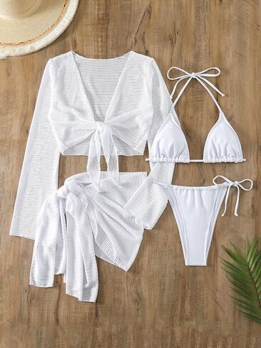 SHENHE Women's 4 Piece Swimsuit Halter Triangle and Thong Bikini Set with Coverup Top and Skirt in Saudi Arabia