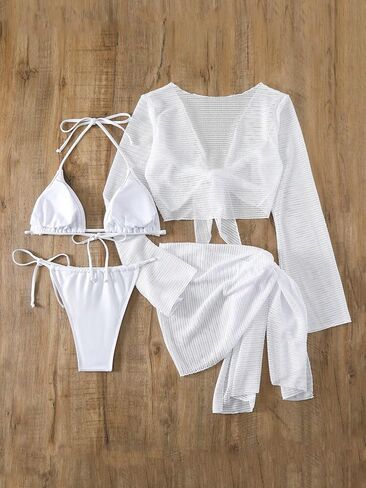 SHENHE Women's 4 Piece Swimsuit Halter Triangle and Thong Bikini Set with Coverup Top and Skirt in Saudi Arabia