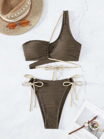 SHENHE Women's 2 Piece Bathing Suit One Shoulder Criss Cross Tie Side Bikini Set in Saudi Arabia
