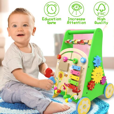 Wooden Baby Walker with Wheels Push Walker for Baby Boys and Girls 10-12 Months Multiple Activity Center for 1 Year Old in Saudi Arabia