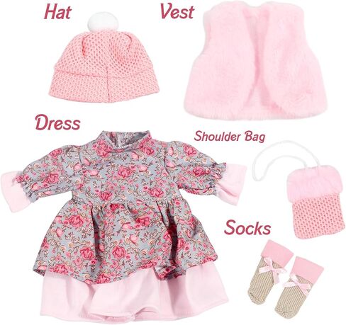 15 Inch Baby Doll Clothes Casual Pink 5-Piece Suitable 12 13 14 15 16 Inch Baby Doll Clothes, Fashion Dress Coat Knit Hat & Socks with Satchel Bag, Girls Birthday Gift in Saudi Arabia