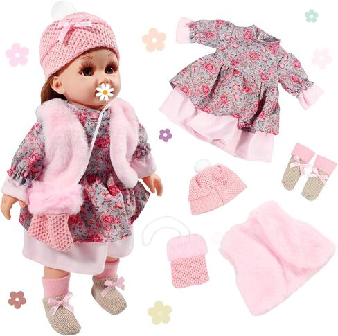 15 Inch Baby Doll Clothes Casual Pink 5-Piece Suitable 12 13 14 15 16 Inch Baby Doll Clothes, Fashion Dress Coat Knit Hat & Socks with Satchel Bag, Girls Birthday Gift in Saudi Arabia