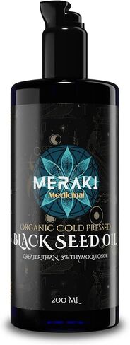 Meraki Medicinal - زيت بذور سوداء عضوي عالي الفعالية معصور على البارد - مملوء بالثيموكينون لدعم المناعة وخصائص مضادة للحساسية - صحة الجهاز الهضمي - زجاجة زجاجية سعة 200 ملليلتر in Saudi Arabia