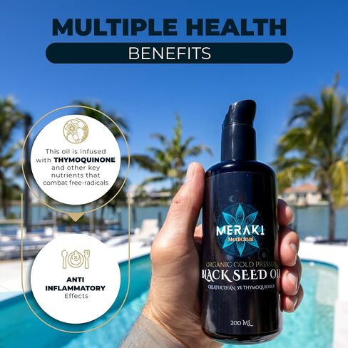 Meraki Medicinal - زيت بذور سوداء عضوي عالي الفعالية معصور على البارد - مملوء بالثيموكينون لدعم المناعة وخصائص مضادة للحساسية - صحة الجهاز الهضمي - زجاجة زجاجية سعة 200 ملليلتر in Saudi Arabia