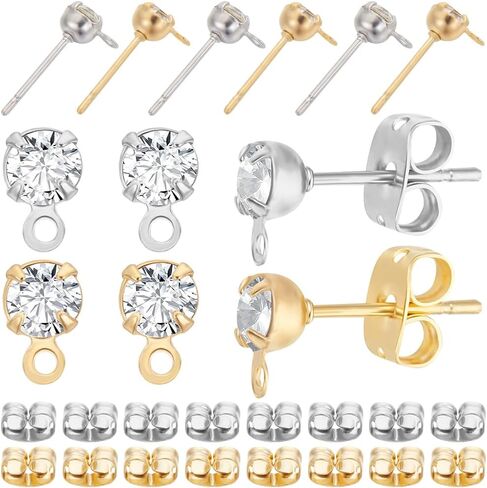 Beebeecraft 1 Box 40Pcs 2 Colors Stud Earring Findings 18K Gold & Platinum Plated Cubic Zirconia Post Studs Earrings with Loop and 40Pcs Butterfly Earring Backs for Jewellery Making in Saudi Arabia