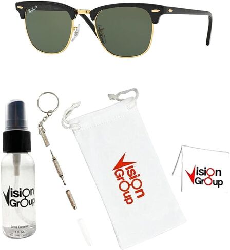 Ray-Ban RB3016 Clubmaster Sunglasses+ Vision Group Accessories Bundle for unisex-adult(Black/Crystal Green Polarized (901/58),49) in Saudi Arabia