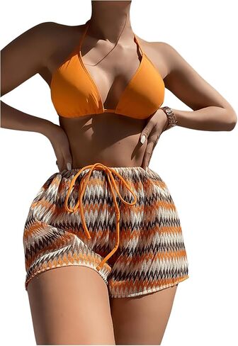 GORGLITTER Women's 3 Piece Bikini Swimsuit High Cut Thong Bathing Suit with Chevron Shorts in Saudi Arabia
