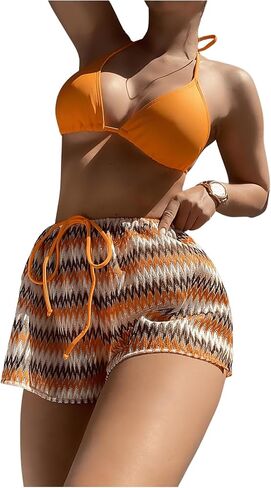 GORGLITTER Women's 3 Piece Bikini Swimsuit High Cut Thong Bathing Suit with Chevron Shorts in Saudi Arabia
