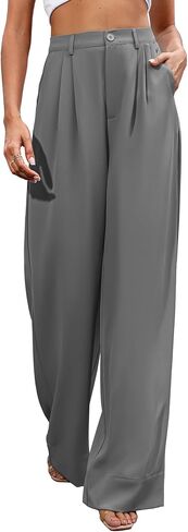 المرأة عادية واسعة الساق السراويل زر أسفل مستقيم السراويل الطويلة السراويل مرونة عالية الخصر فستان السراويل للنساء in Kuwait