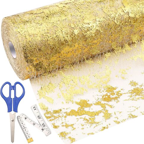 Newwiee Metallic Gold Thin Table Runner with Scissors and Soft Ruler 11 Inch x 164 ft Glitter Gold Mesh Table Runner Roll Centerpiece Table Decorations Gold Table Decor for Wedding Birthday Banquet in Saudi Arabia