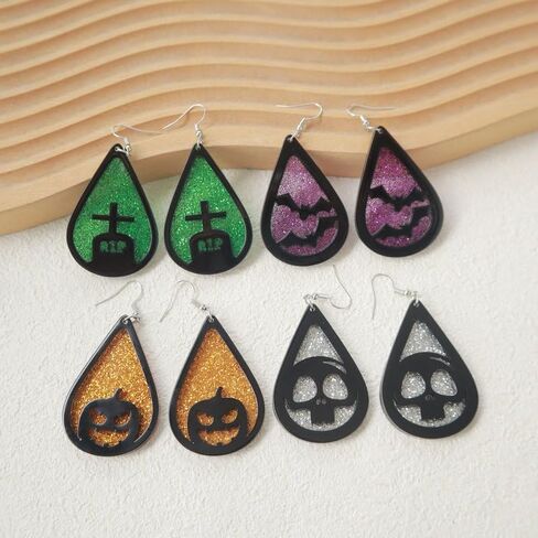 Gothic Halloween Teardrop Earrings Glitter Skull Pumpkin Bat Dangle Earrings Halloween Party Jewelry Gifts for Women and Girls in Saudi Arabia