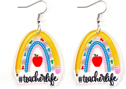Teacher Earrings Rainbow Pencil Ruler Acrylic Creative Dangle Earrings For Women Girls Teachers Appreciation Day Back To School Fashion Jewelry Gifts in Saudi Arabia