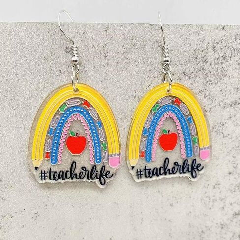 Teacher Earrings Rainbow Pencil Ruler Acrylic Creative Dangle Earrings For Women Girls Teachers Appreciation Day Back To School Fashion Jewelry Gifts in Saudi Arabia