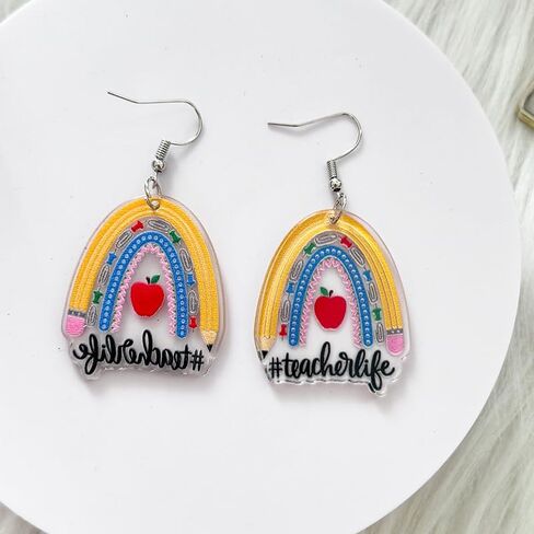 Teacher Earrings Rainbow Pencil Ruler Acrylic Creative Dangle Earrings For Women Girls Teachers Appreciation Day Back To School Fashion Jewelry Gifts in Saudi Arabia