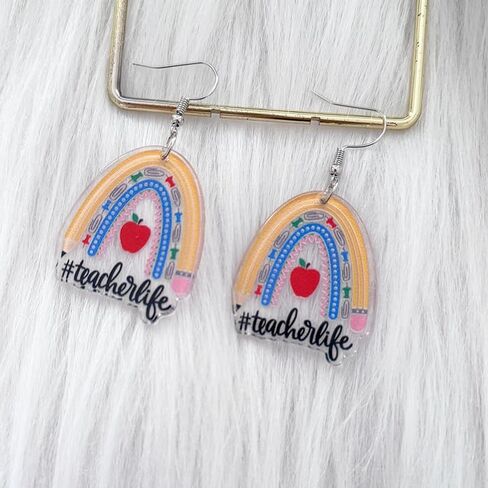 Teacher Earrings Rainbow Pencil Ruler Acrylic Creative Dangle Earrings For Women Girls Teachers Appreciation Day Back To School Fashion Jewelry Gifts in Saudi Arabia