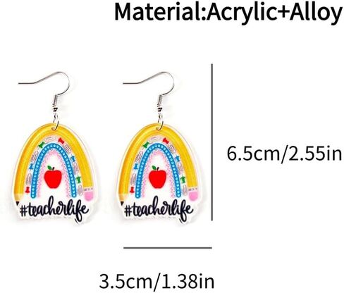 Teacher Earrings Rainbow Pencil Ruler Acrylic Creative Dangle Earrings For Women Girls Teachers Appreciation Day Back To School Fashion Jewelry Gifts in Saudi Arabia