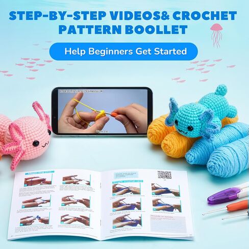 Juexica 3 حزمة Axolotls مجموعة الكروشيه للمبتدئين DIY مجموعة حيوانات الكروشيه مع دروس فيديو خطوة بخطوة، مجموعة كاملة للمبتدئين من الكروشيه، لوازم الحياكة للأطفال للبالغين والأطفال والنساء والرجال، 3 أحجام in Saudi Arabia