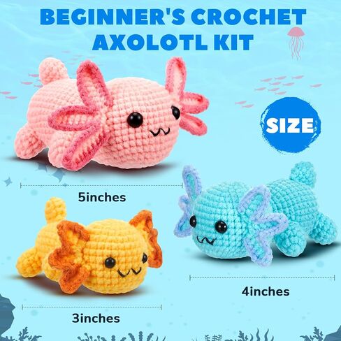 Juexica 3 حزمة Axolotls مجموعة الكروشيه للمبتدئين DIY مجموعة حيوانات الكروشيه مع دروس فيديو خطوة بخطوة، مجموعة كاملة للمبتدئين من الكروشيه، لوازم الحياكة للأطفال للبالغين والأطفال والنساء والرجال، 3 أحجام in Saudi Arabia