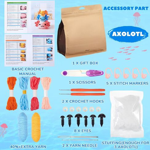 Juexica 3 حزمة Axolotls مجموعة الكروشيه للمبتدئين DIY مجموعة حيوانات الكروشيه مع دروس فيديو خطوة بخطوة، مجموعة كاملة للمبتدئين من الكروشيه، لوازم الحياكة للأطفال للبالغين والأطفال والنساء والرجال، 3 أحجام in Saudi Arabia