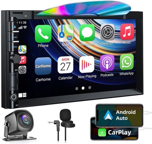 Double Din Car Stereo with CD DVD, Backup Camera Supports CarPlay/Android Auto, 7 inch Touchscreen Car Radio Bluetooth 5.2, AM/FM Radio Receiver Head Unit with Mirror Link, SWC, Subwoofer, USB/TF/AUX in Kuwait