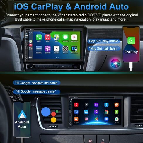 Double Din Car Stereo with CD DVD, Backup Camera Supports CarPlay/Android Auto, 7 inch Touchscreen Car Radio Bluetooth 5.2, AM/FM Radio Receiver Head Unit with Mirror Link, SWC, Subwoofer, USB/TF/AUX in Kuwait