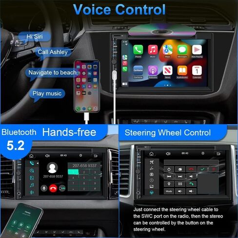 Double Din Car Stereo with CD DVD, Backup Camera Supports CarPlay/Android Auto, 7 inch Touchscreen Car Radio Bluetooth 5.2, AM/FM Radio Receiver Head Unit with Mirror Link, SWC, Subwoofer, USB/TF/AUX in Kuwait
