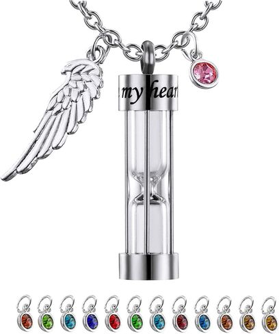Hourglass Urn Necklace for Ashes Keepsake Memorial Cremation Jewelry for Human Women Men Ashes with 12PCS Birthstones and Angel Wing in Saudi Arabia