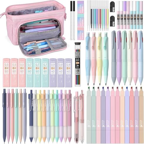 Nicpro 78 PCS Aesthetic School Supplies with Big Capacity Pen Case, 12 Pastel Highlighters, 12 Color & Black Ink Gel Pen,10 Mechanical Pencil, 6 Ballpoint Pen for Student Stationary College Essentials in Saudi Arabia
