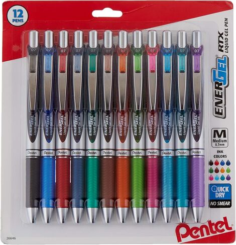 قلم حبر جل من بينتيل، EnerGel RTX قابل للسحب (0.7 مم) نقطة متوسطة، ألوان حبر جل متنوعة، 12 قطعة (BL77BP12M) in Kuwait