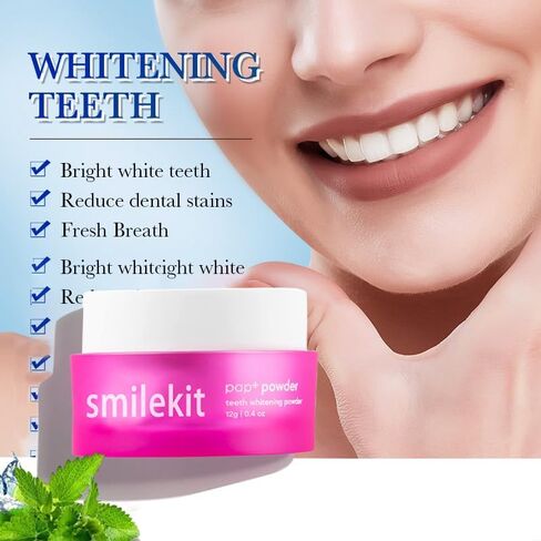Smilekit Pap+ V34 مسحوق أسنان طبيعي لإعادة التمعدن، مسحوق تبييض الأسنان، معجون أسنان قوي للتبييض النشط بالنعناع + الليمون (0.4 أونصة)، 67*67*45 مم، وردي in Saudi Arabia