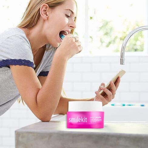 Smilekit Pap+ V34 مسحوق أسنان طبيعي لإعادة التمعدن، مسحوق تبييض الأسنان، معجون أسنان قوي للتبييض النشط بالنعناع + الليمون (0.4 أونصة)، 67*67*45 مم، وردي in Saudi Arabia