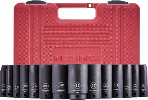 14 Piece MECHMAX Impact Socket Set 1/2 Inch Drive Deep SAE Sizes, 3/8-1-1/4 Inch 6 Point Chrome Vanadium Steel Black Phosphate Finish with Tool Box Storage Case in Saudi Arabia