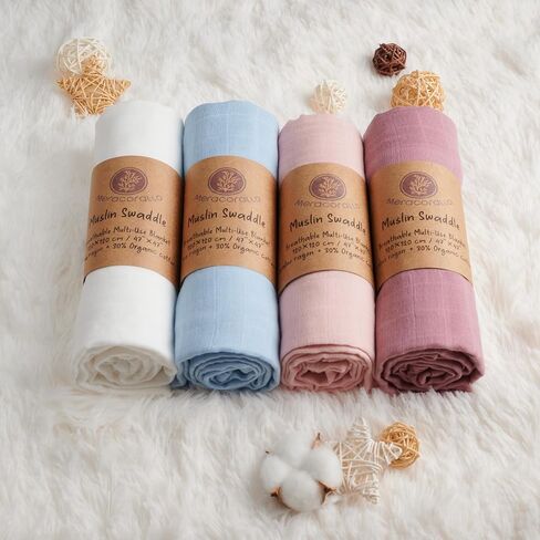 Meracorallo Muslin Swaddle Blanket, Rayon Cotton Blend, 4Pk, Neutral Tone | Silky Soft, Lightweight Breathable, 47x47 In, Receiving Blanket, Swaddle Wrap for Baby Boys Girls in Saudi Arabia