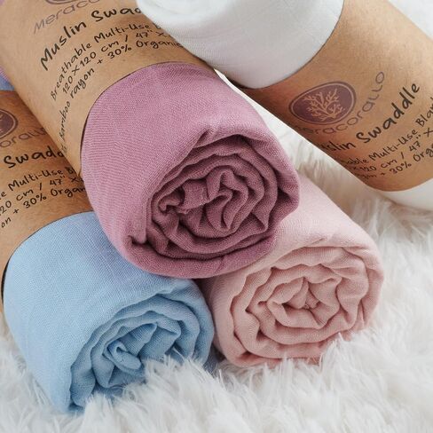 Meracorallo Muslin Swaddle Blanket, Rayon Cotton Blend, 4Pk, Neutral Tone | Silky Soft, Lightweight Breathable, 47x47 In, Receiving Blanket, Swaddle Wrap for Baby Boys Girls in Saudi Arabia