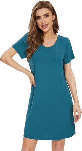 WiWi Nightgowns for Women Short Sleeve Sleepshirt Pajama Shirt Viscose from bamboo Soft Sleep Dress V-neck Nightshirt S-XXL in Saudi Arabia